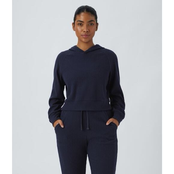 NWT Halara Ribbed Knit Hooded Long Sleeve Split Casual Sweatshirt Navy XL - Picture 1 of 3